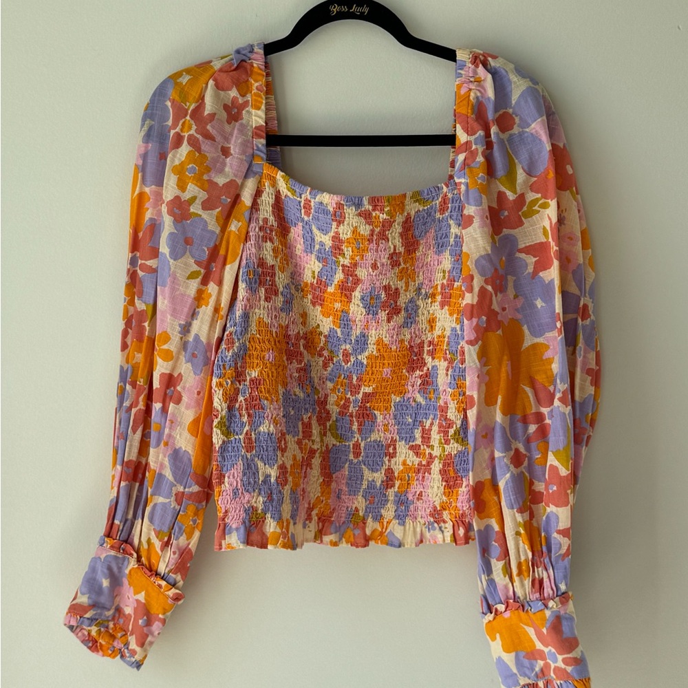 Free People Size Large Floral Smocked Top Cotton Balloon Sleeve Orange Blue Pink - Picture 4 of 16